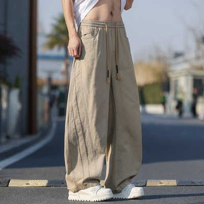 美式工装裤子男款夏季2026新款潮流拼接男生百搭宽松阔腿弯刀男裤