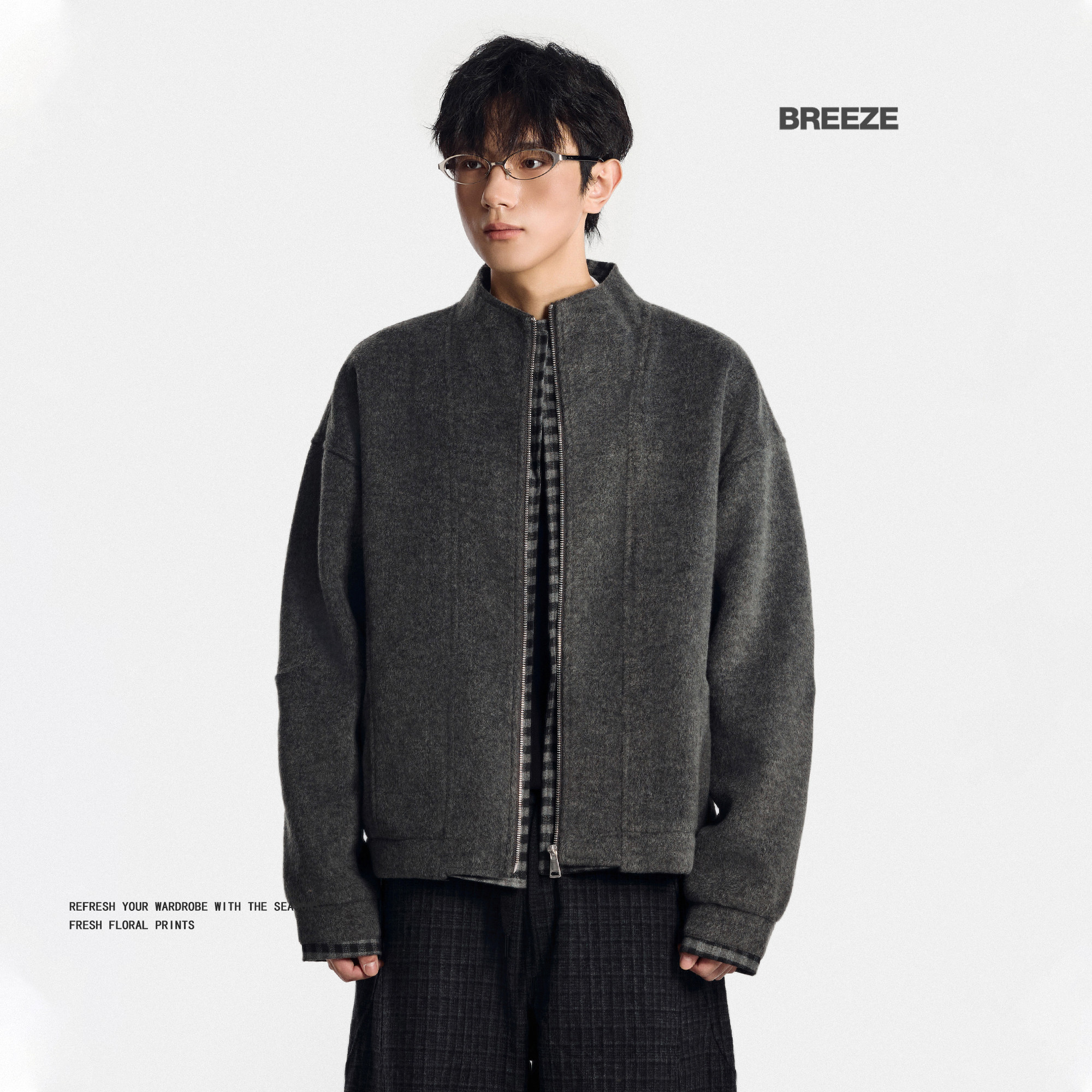 BREEZE秋季羊毛混纺老钱风立领夹克男短款外套宽松休闲日常百搭