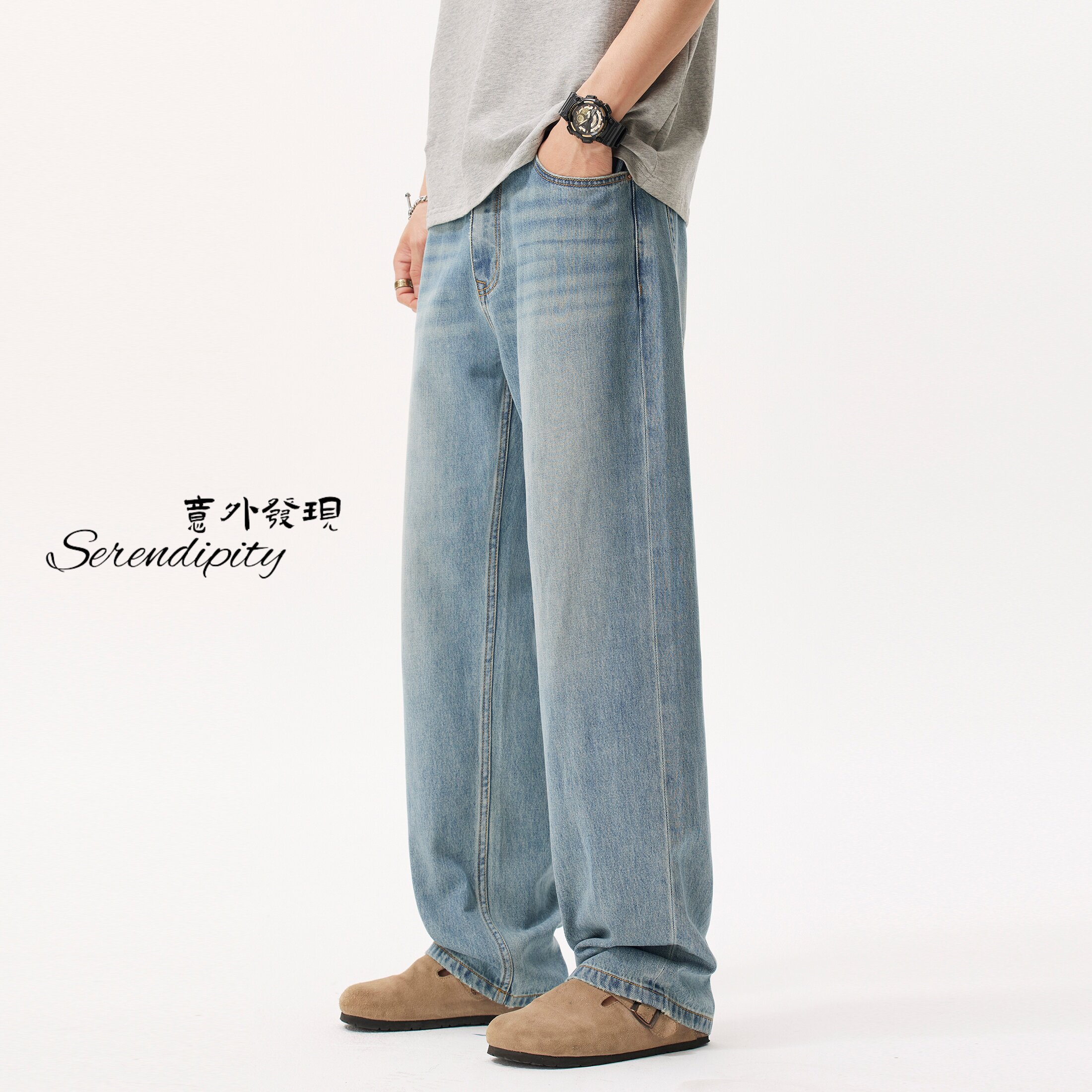 美式浅蓝色牛仔裤男2026夏季新款莱赛尔宽松阔腿裤直筒裤子薄款潮图片