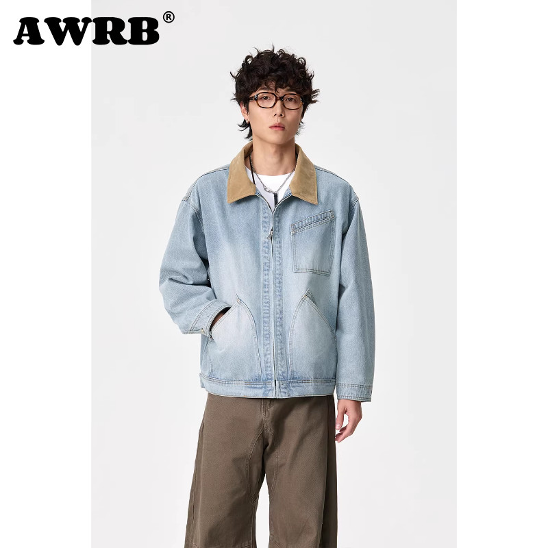 AWRB美式复古拼接风牛仔外套男宽松翻领夹克青年秋季长袖外套