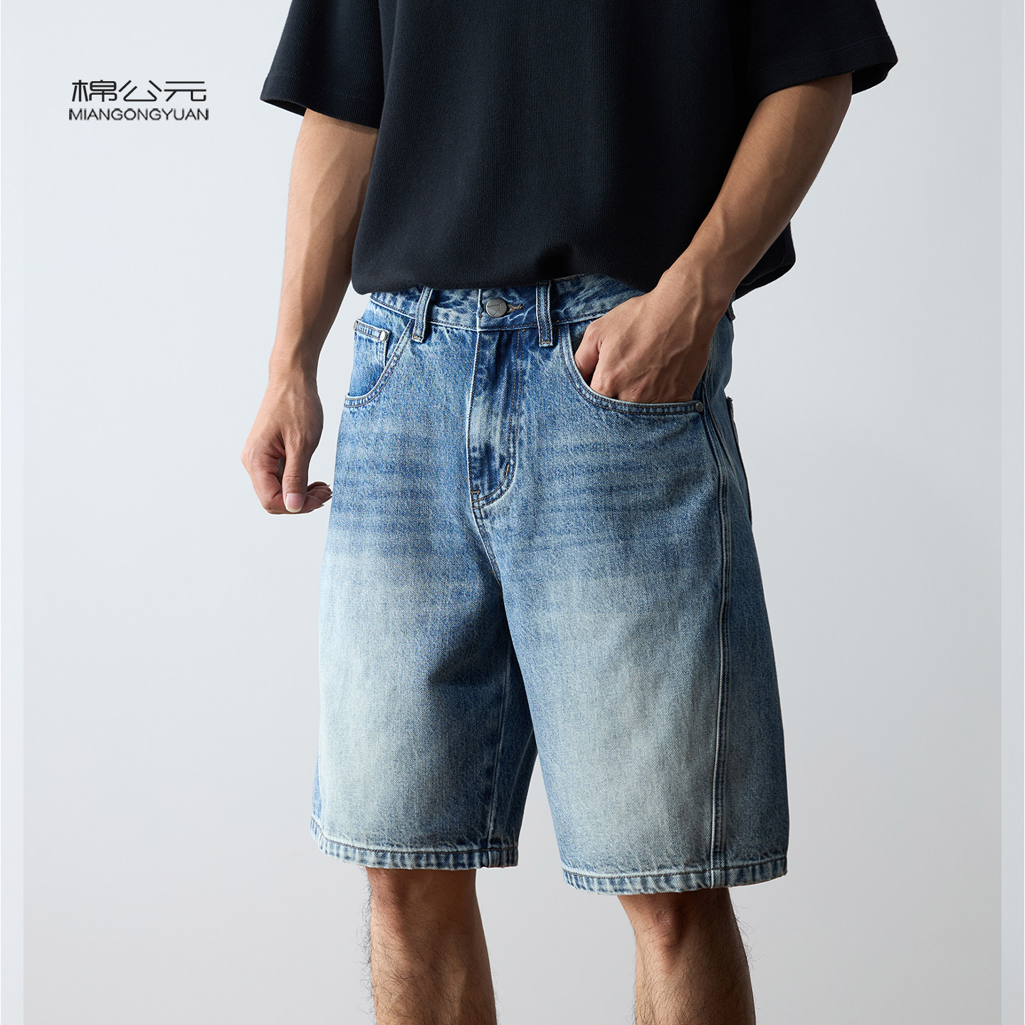 棉公元2026夏季新款蓝色直筒牛仔短裤男宽松水洗做旧休闲五分裤潮图片