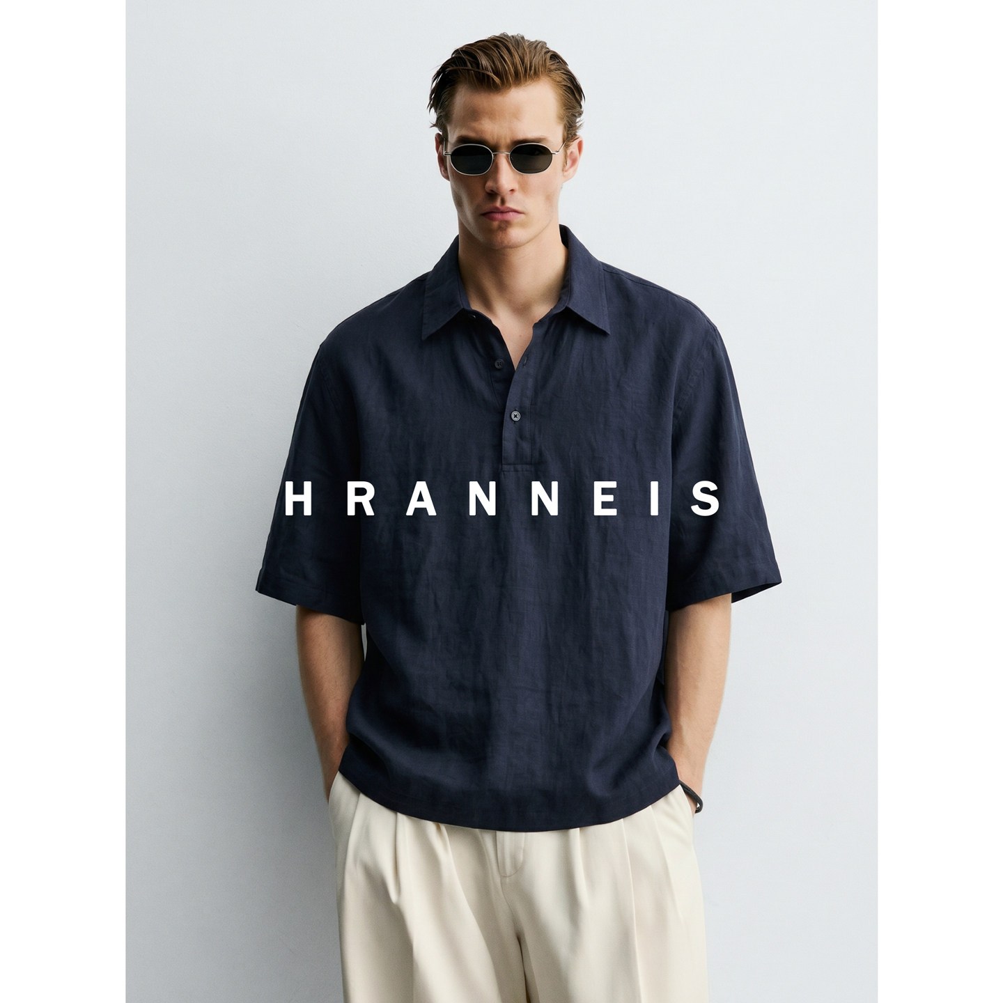 HRANNEIS100%亚麻套头衬衫男士2026新款夏季凉感透气短袖衬衣男装