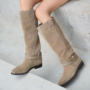 复古牛仔靴女褶皱增高堆堆靴真皮中筒靴百搭骑士靴 猫 穿靴子
