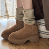 猫 穿靴子 秋冬保暖厚底真皮女粗跟短筒低帮短靴加绒雪地靴