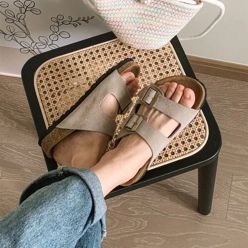 【穿靴子的猫】夏季真牛皮女软木底勃肯平底拖鞋复古外穿博肯拖鞋
