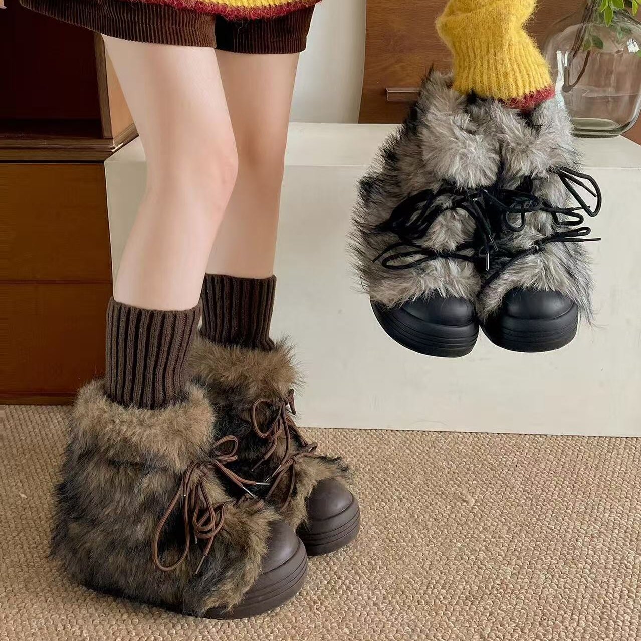 【穿靴子的猫】毛毛筒复古女厚底增高大头棉鞋加绒加厚保暖雪地靴