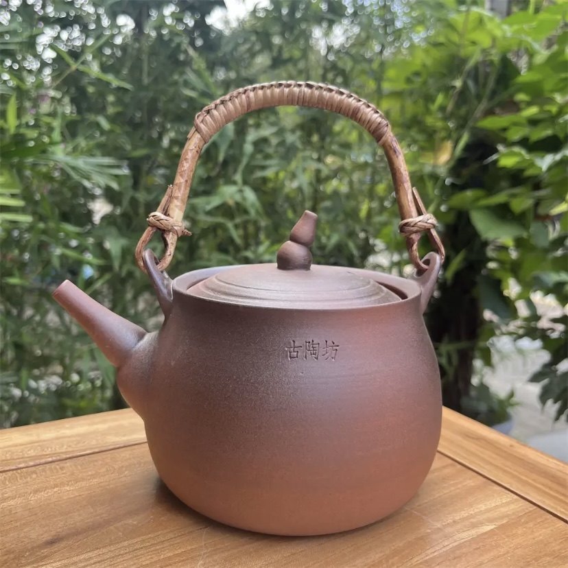 老岩泥砂铫煮茶壶古陶坊水汀复古粗陶壶纯手拉藤编提梁侧把煮茶器,餐饮具,茶壶,淘宝优惠券,粉丝福利购,淘宝优惠卷