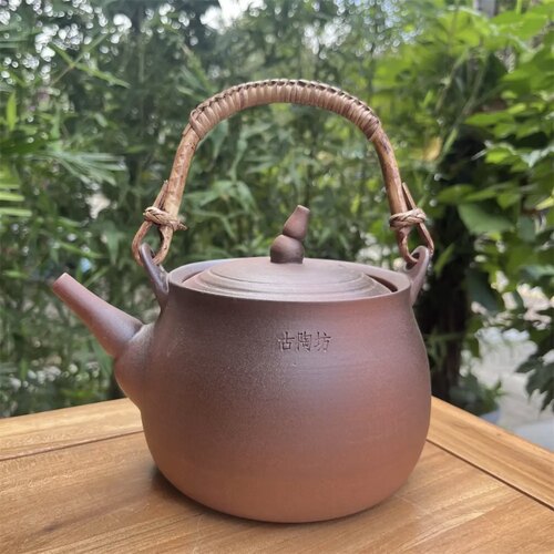 老岩泥砂铫煮茶壶古陶坊水汀复古粗陶壶纯手拉藤编提梁侧把煮茶器