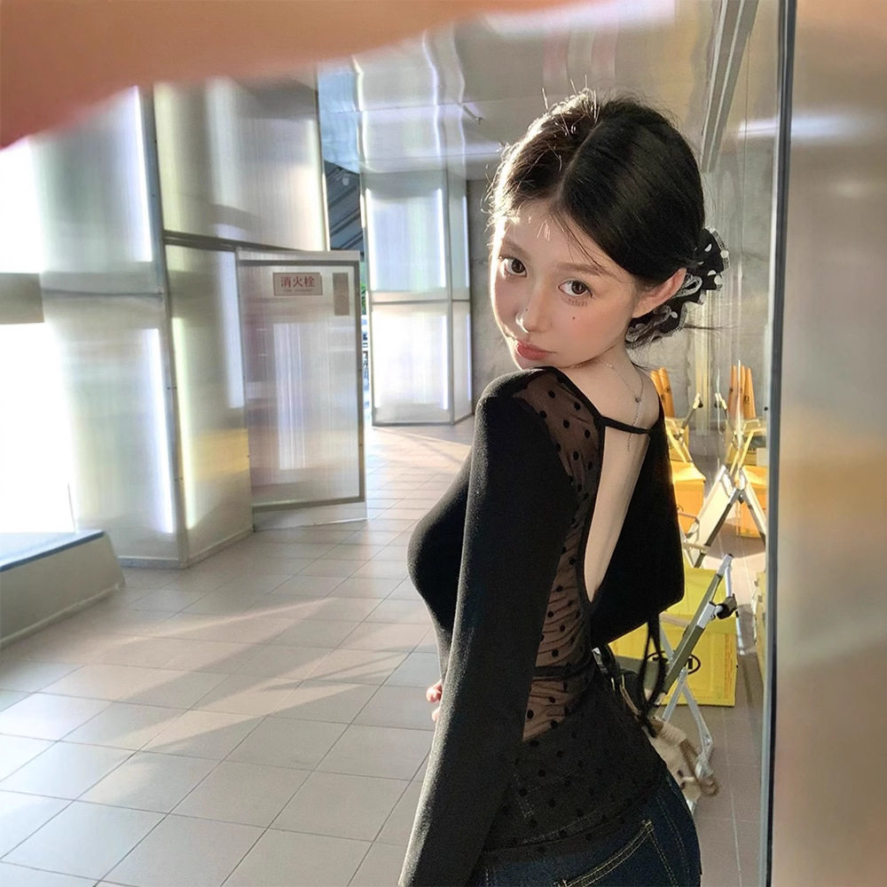 黑色网纱拼接露背长袖T恤女夏季薄款修身波点设计感显瘦打底上衣