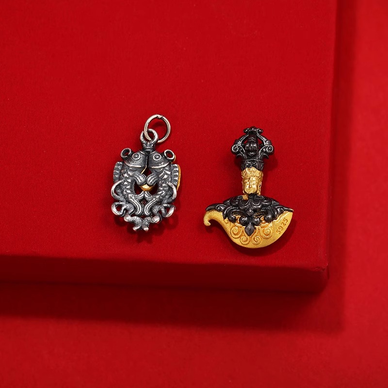 S925纯银镀金钺刀双鱼吊挂坠文玩手串配饰项坠藏式民族风diy饰品