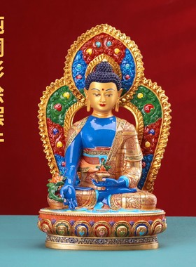 藏式纯铜七寸彩绘药师佛像家用供奉摆件精品全身彩绘1尺铜像装物