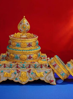 尼泊尔曼扎盘全套八吉祥雕花宝石鎏金掐丝曼扎盘整套特大号盘15cm
