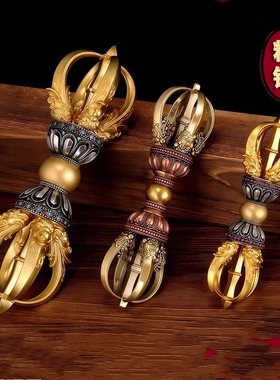 藏式密宗纯黄铜五股金刚杵手把件尼泊尔九股金刚铃杵摆件供奉法器