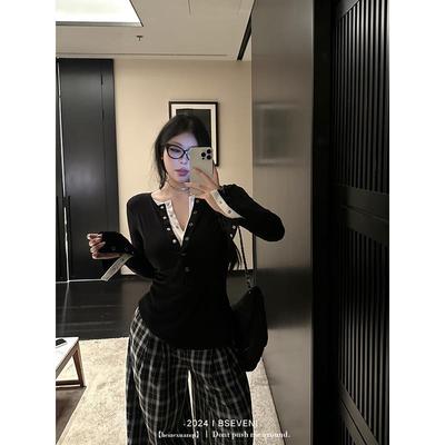 黑泽玄七t恤2024初秋新款胖mm显瘦打底衫假两件设计感长袖上衣女