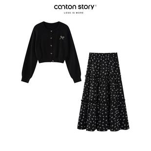 羊城故事 黑色圆领蝴蝶结长袖针织开衫女秋气质宽松显瘦短款上衣