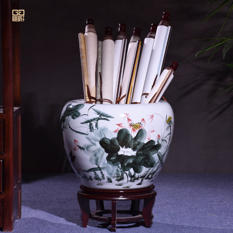 景德镇陶瓷荷花书画缸字画收纳缸客厅书房摆件中式花瓶落地放画筒