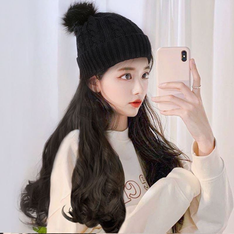 戴帽子头发一体长卷发连帽的假发针织帽女生带2021新款秋冬季时尚
