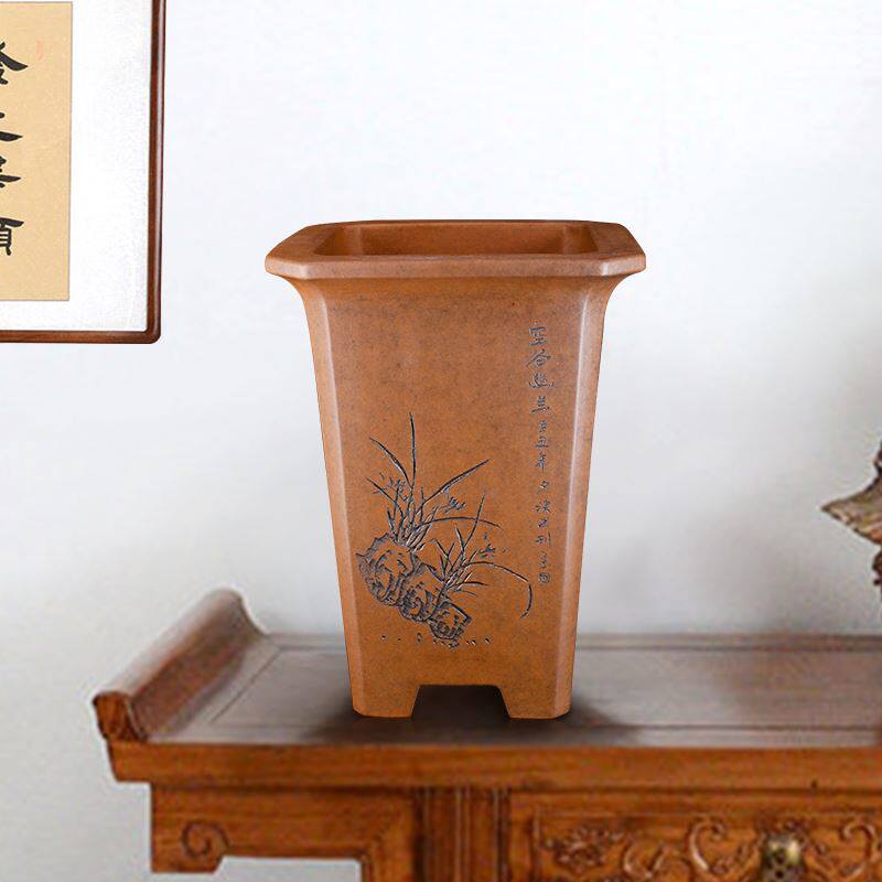 新款高档精品宜兴名家秦夕洪段泥柴烧高四方切角千签筒紫砂兰花盆