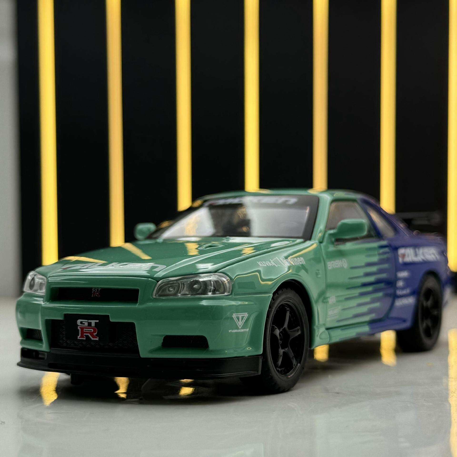 【DZ696】威丽合金车模1比32日产GTR34天际线拉花版跑车回力玩具