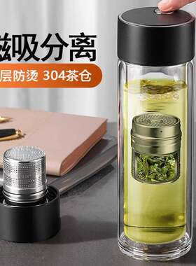 茶杯磁吸茶水分离杯子2024男新款办公温显双层磁弹泡茶杯玻璃水杯