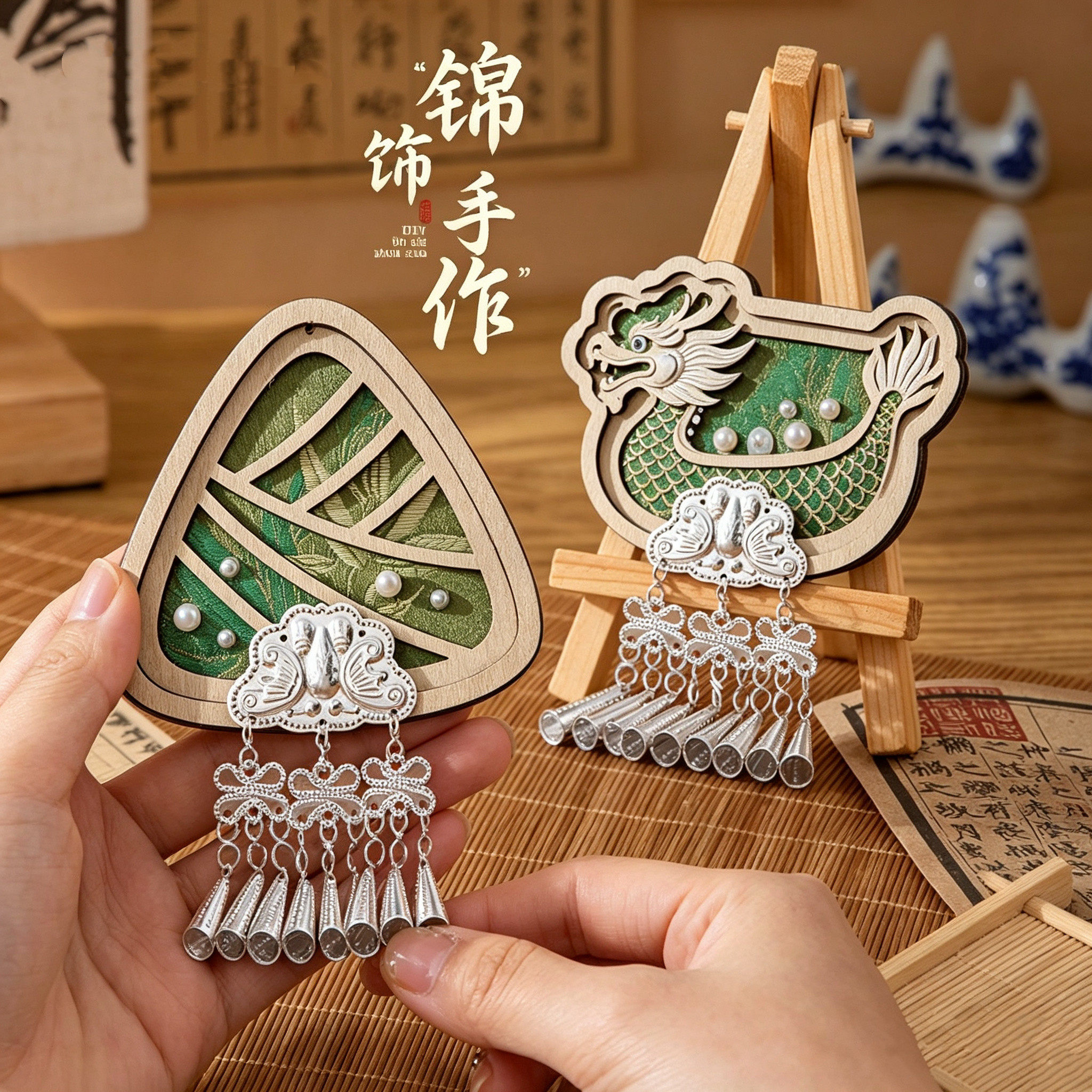 端午节苗银宋锦粽子珍珠冰箱贴非遗手工diy龙舟摆件儿童亲子活动