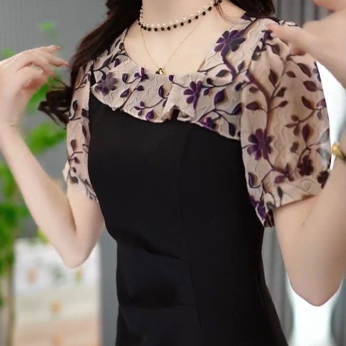 2025年夏季新款气质碎花拼接小黑裙女韩版收腰显瘦修身百搭连衣裙