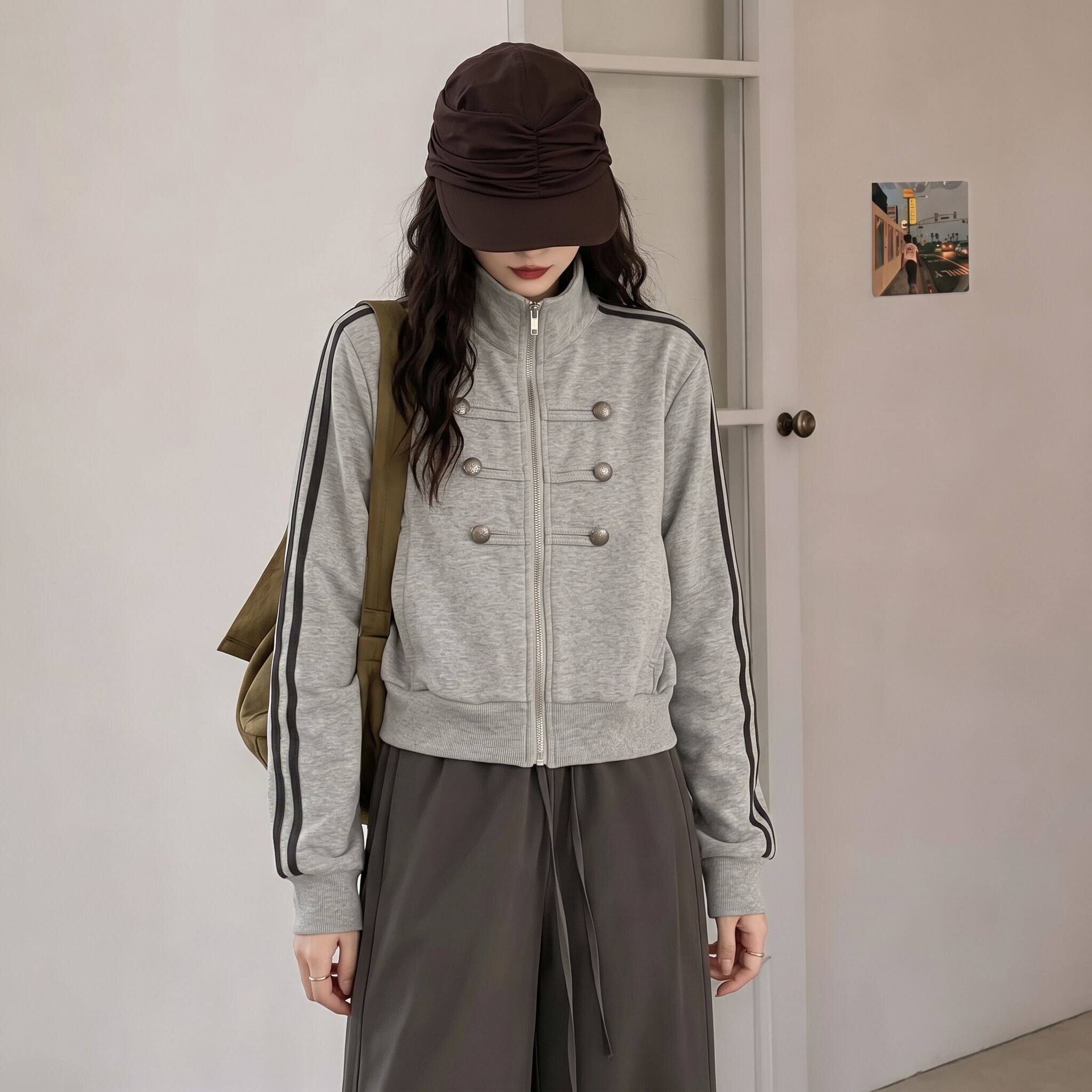 纯棉华棉 拿破仑双排扣立领卫衣外套女三条杠拉链