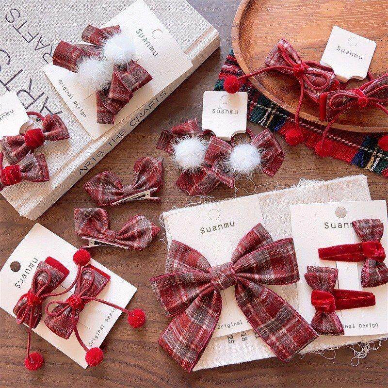 学院风红格纹毛球蝴蝶结儿童发夹发圈女童布艺边夹发卡头绳发饰