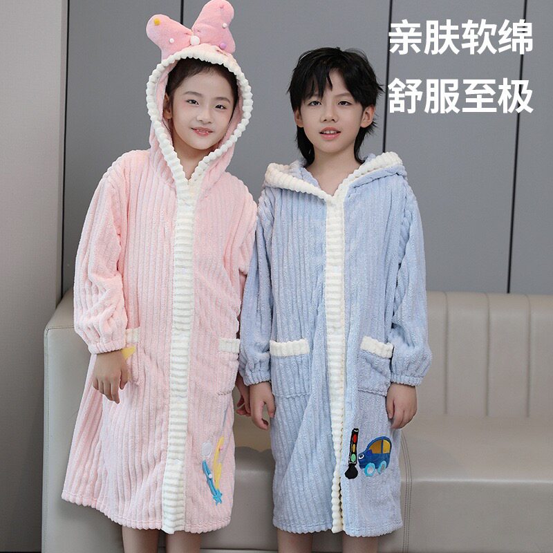 儿童前开扣带帽浴袍浴巾吸水速干