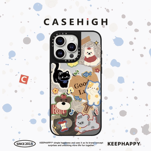 C家 联名复古报纸拼贴猫咪小狗适用苹果16promax手机壳iphone15pro镜面MagSafe磁吸14p韩13pro卡通12可爱