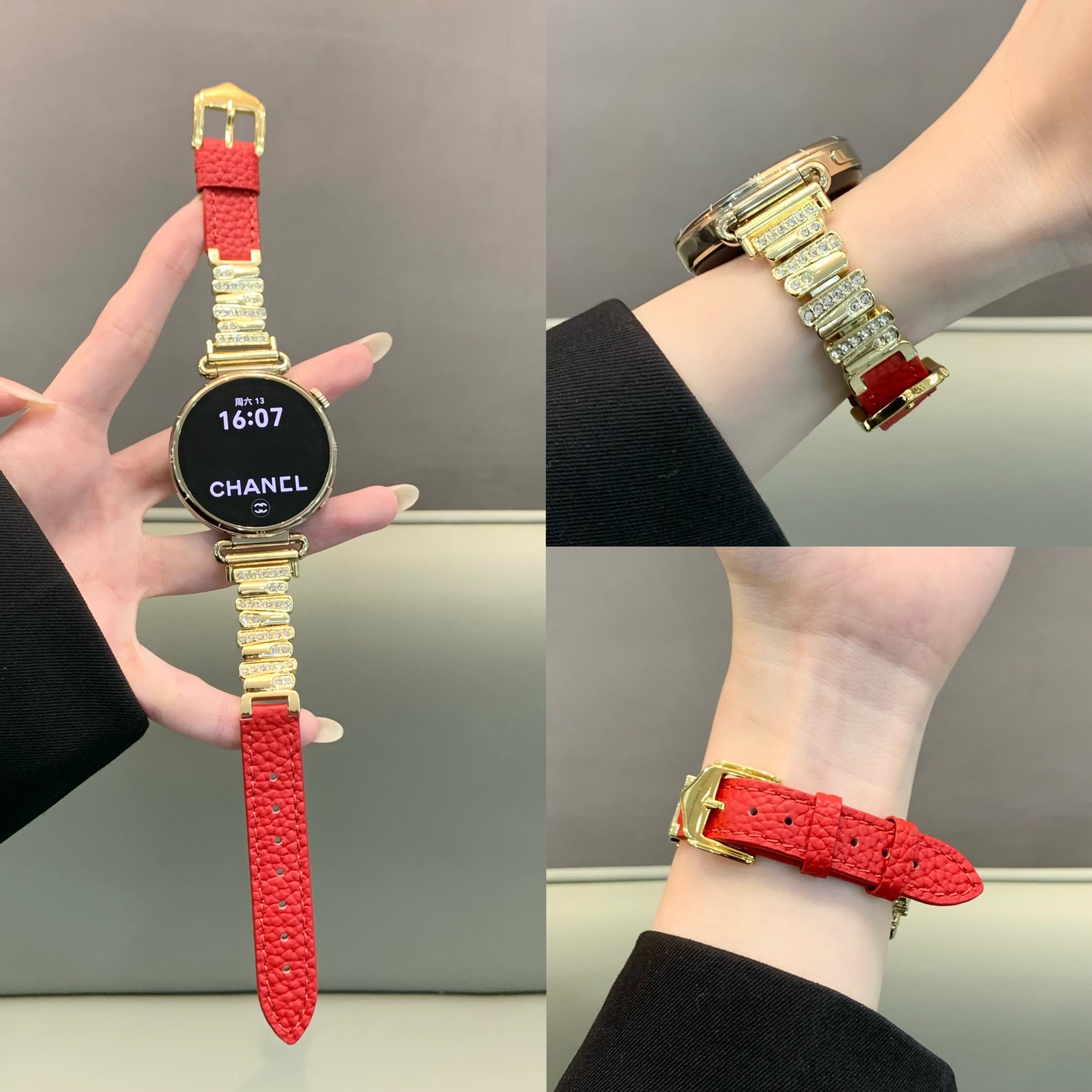 不规则镶钻拼荔枝纹皮表带适用华为手表watch3proGT4GT5GT6Fit3