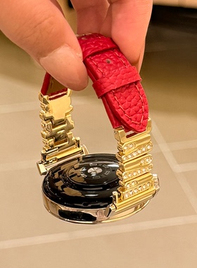 不规则镶钻拼真皮表带适用华为手表watch3proGT4GT5GT6Fit3女款