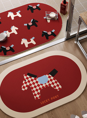 马来有福卡通浴室门口防滑吸水垫红色新年款硅藻泥卫生间速干脚垫