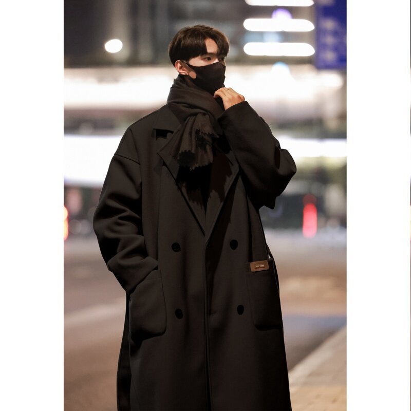 潮牌英伦风中长款呢子大衣男士秋冬季高级感韩版过膝毛呢西装外套