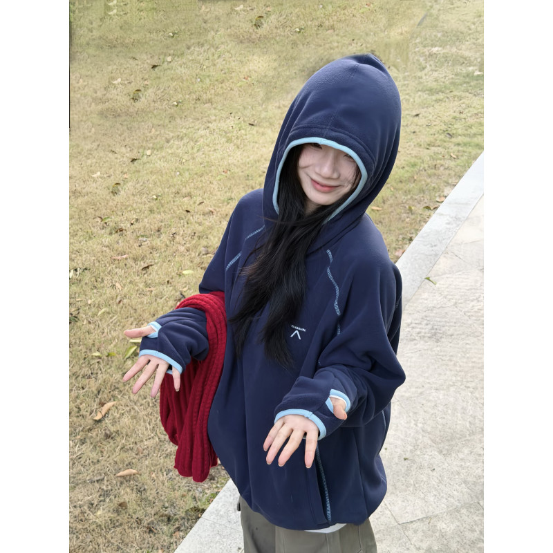 秋冬户外撞色加厚摇粒绒连帽外套运动徒步登山保暖内搭套头衫男女