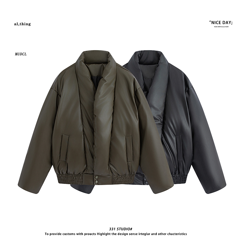 美式复古立领PU皮短款羽绒服男冬季加厚保暖棉衣外套潮牌宽松休闲