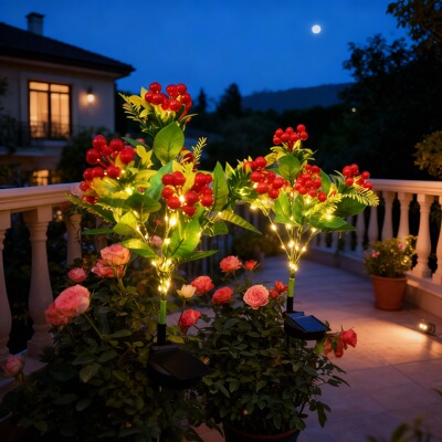 新款太阳能发财红果相思豆草坪灯四季果地插灯仿真庭院装饰花