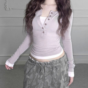 韩系ins简约休闲假两件设计长袖 显瘦辣妹上衣 t恤气质百搭日常修身