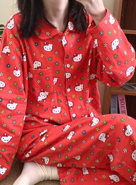 巨好看红色睡衣女小个子kitty纯棉布料100全棉家居服贴身睡觉穿