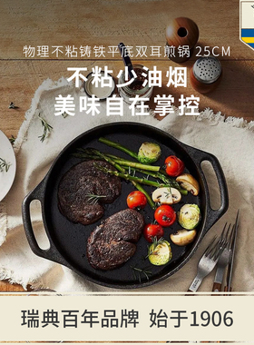SKEPPSHULT斯肯特 铸铁不粘锅25cm平底双耳煎锅0062