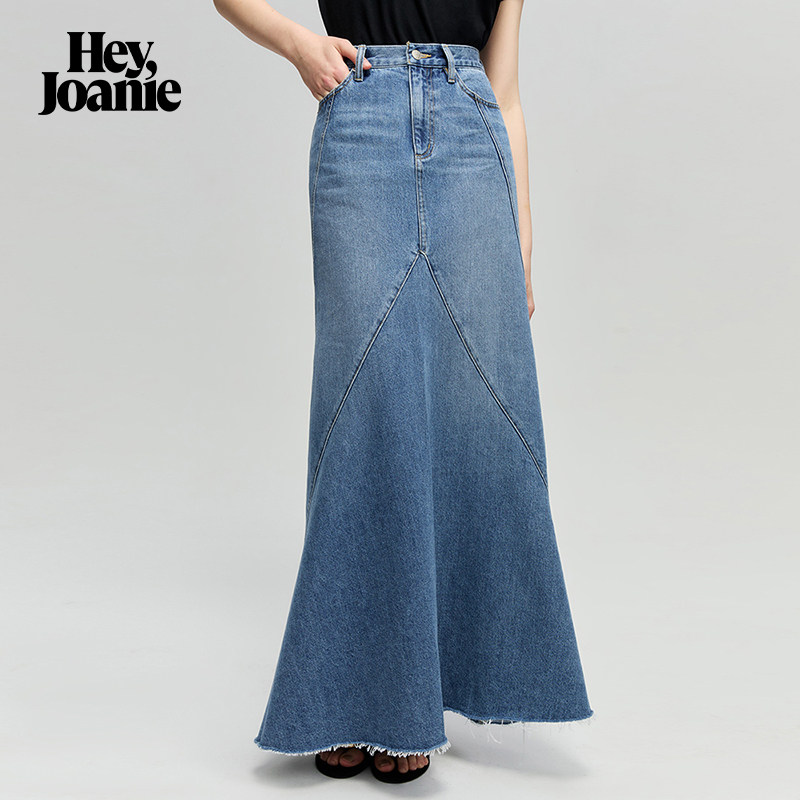 HeyJoanie HJ821海洋波浪牛仔裙后开叉鱼尾长裙蓝色春夏