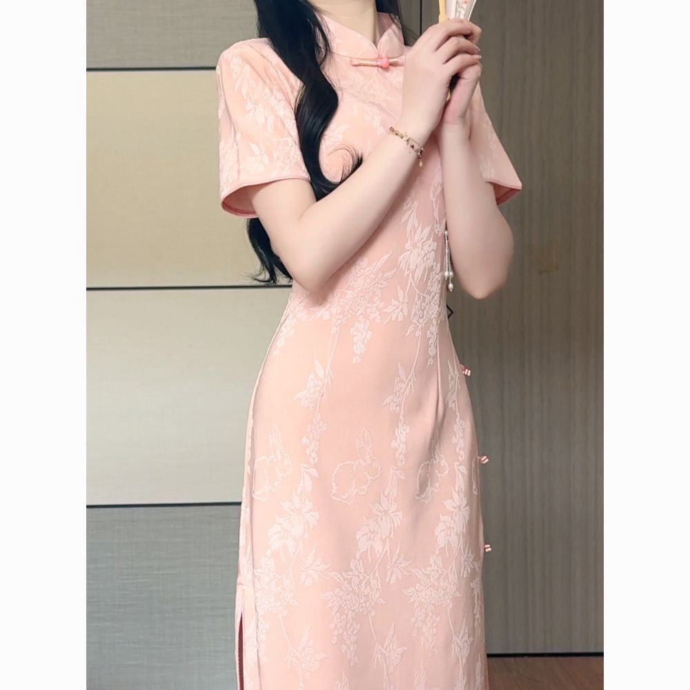 2025年春夏季新款粉色日常高级感提花改良旗袍气质优雅少女新中式