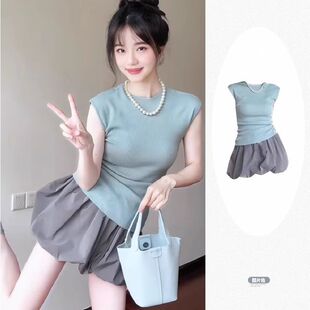 夏季绝美多巴胺穿搭一整套蓝色针织背心上衣花苞短裙两件套小个子