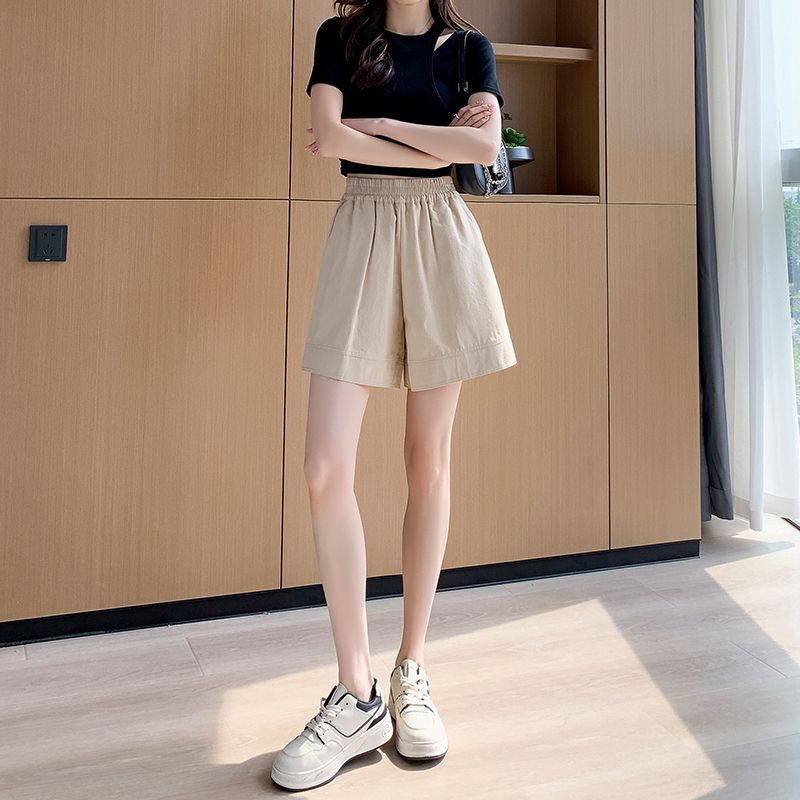 日系肌理感棉麻短裤女夏季小个子宽松高腰显瘦休闲运动阔腿五分裤