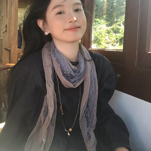 韩系复古灰蓝波点蕾丝夏季围巾