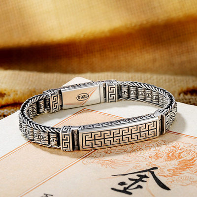 汉风回字纹时尚路路通手链藏银男女潮人个性小众复古国潮