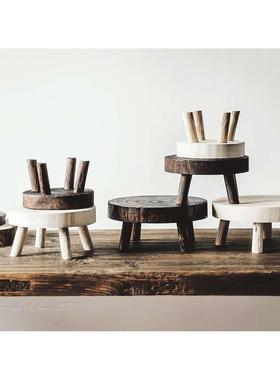 覆古作旧小圆凳花架盆栽增高架乡村破烂风迷你椅子【二店道具铺】