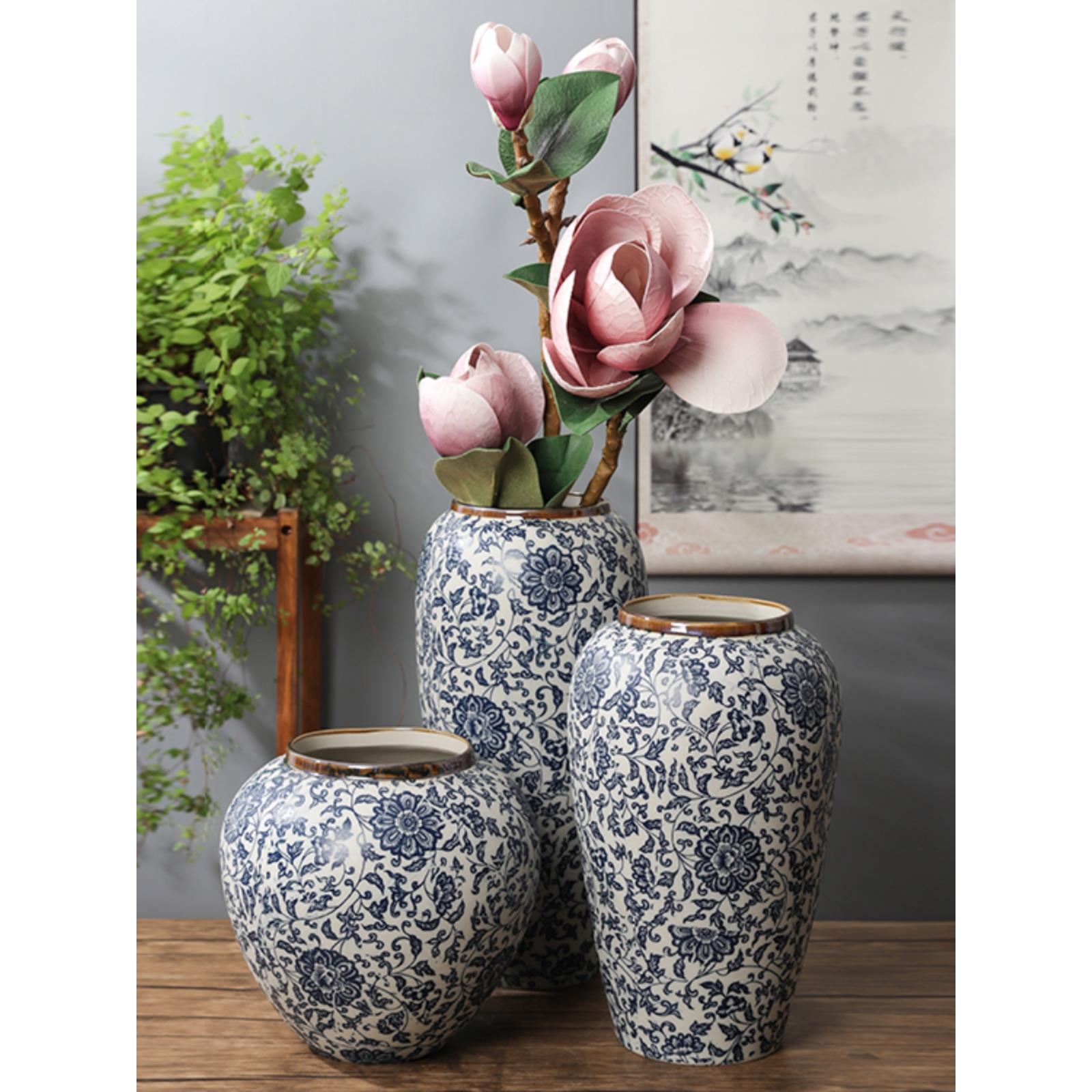 景德镇陶瓷 三件套干花花器陶瓷花瓶家居装饰品摆件 青花瓷缠枝莲