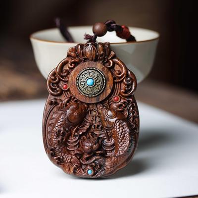 沉香木雕刻六字真言时来运转吊坠年年有余项链双鱼车挂件手把玩件
