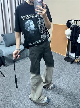 国民小林 高街roo渐变小众暗黑水洗拖地牛仔裤喇叭紧身堆积裤子